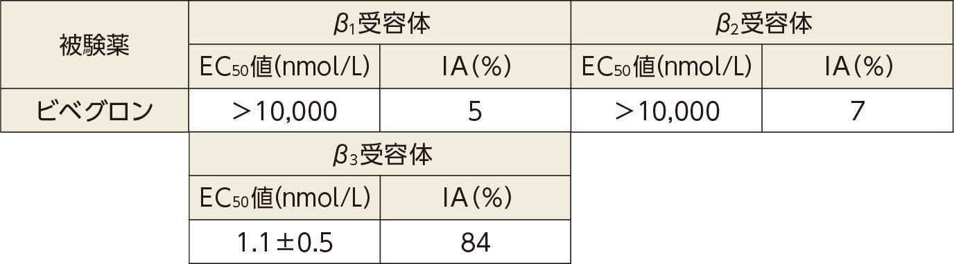 ヒトβアドレナリン受容体サブタイプに対するビベグロンの刺激作用（in vitro）
